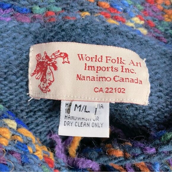 Vintage World Folk Art Imports Blue Wool Knit Sweater With Rainbow Fringe Trim M - Picture 3 of 15